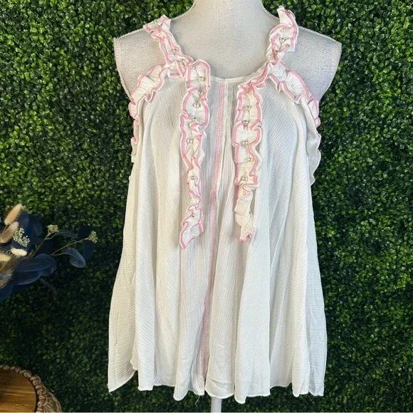 POL White and Pink Ruffle Trim with faux pearl details Blouse nwt